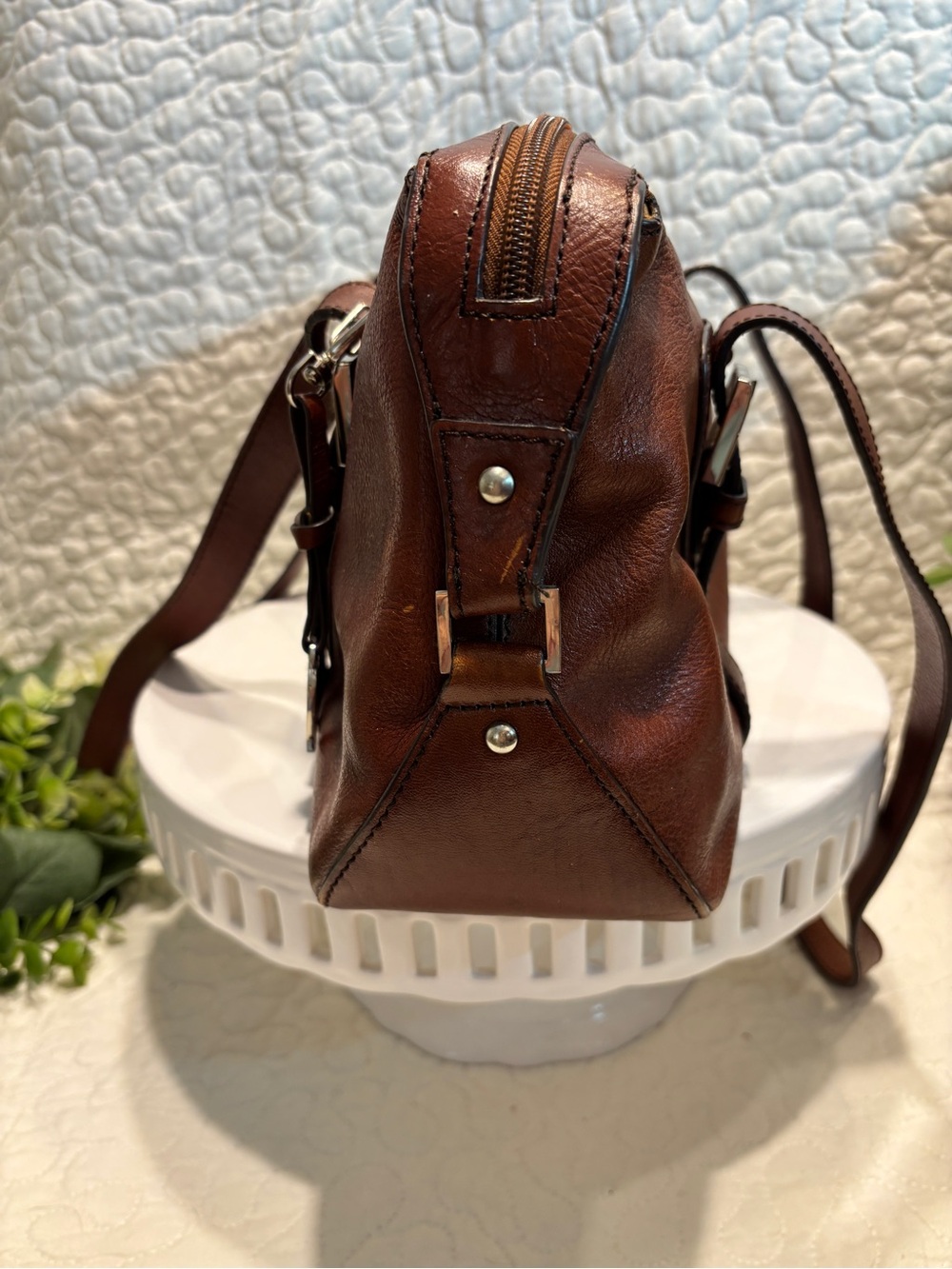 Etienne Aigner Brown Leather Satchel with Buckle Straps - Picture 3 of 12